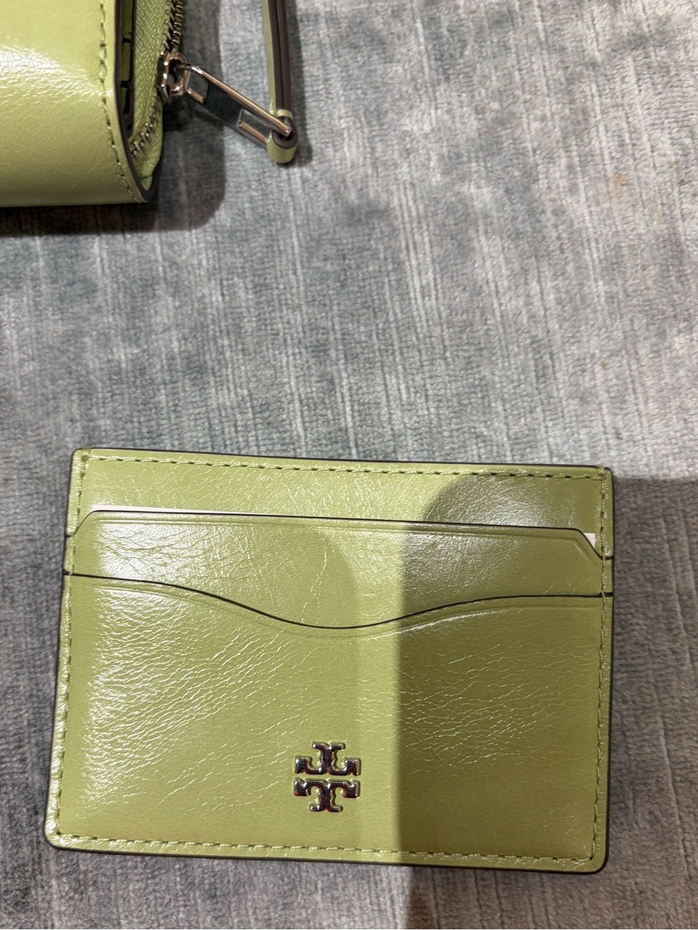 Tory Burch brown Leather Card Case with Gold Logo slim new mint green